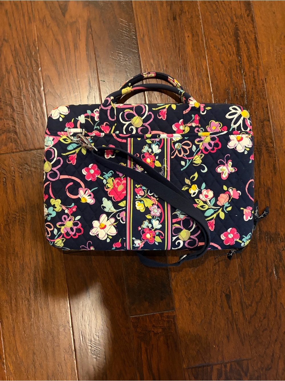 Vera Bradley Navy Floral Laptop Bag with Pink, Yellow & Green Accents